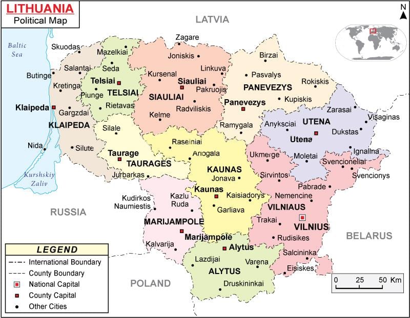 Карта Літвы палітычная