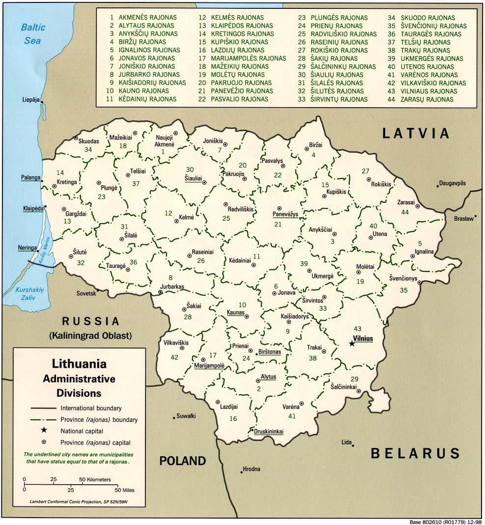 Карта карта Літвы з гарадамі